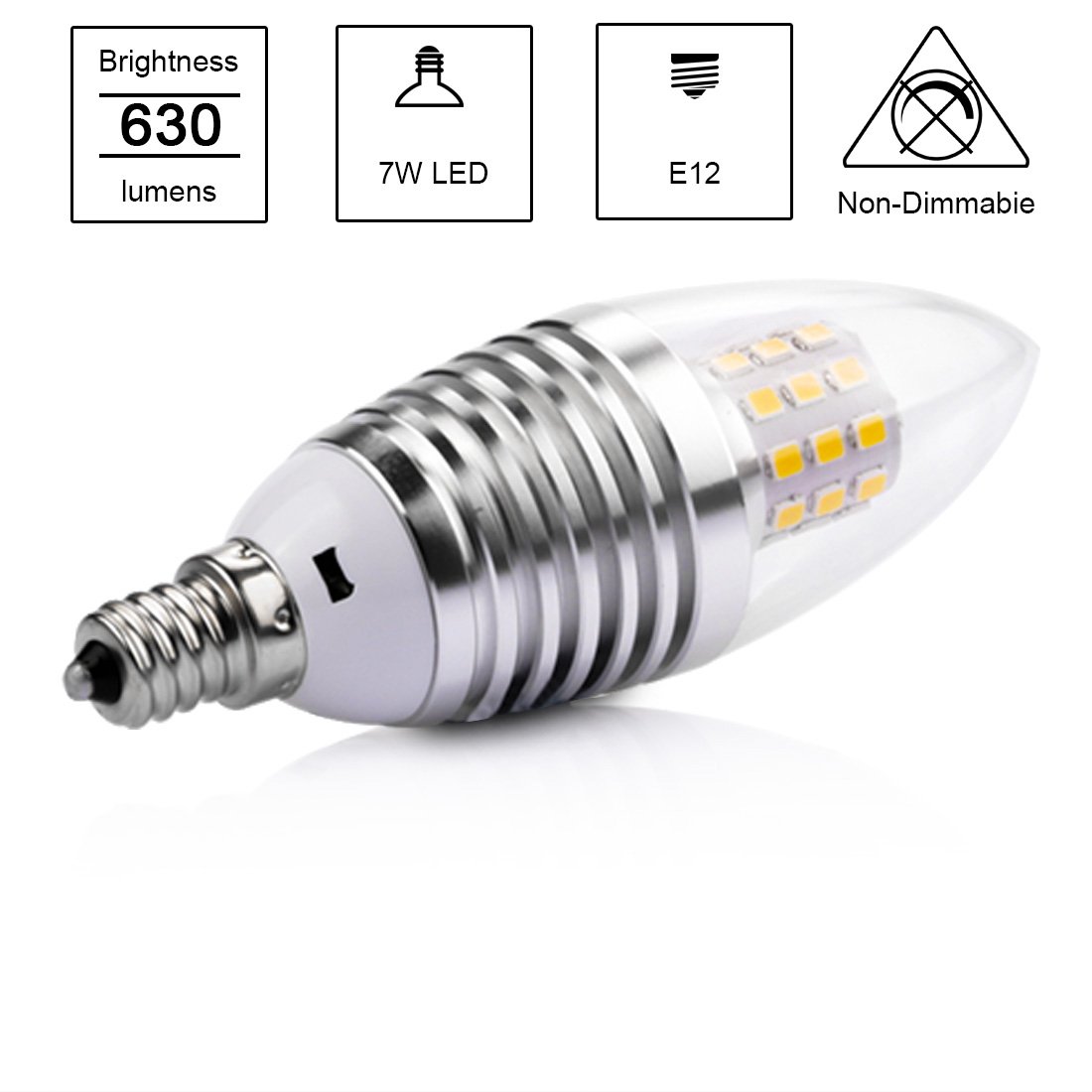 LEDMO LED Candelabra Bulb,7W Daylight White 6000K LED Chandelier Bulbs,Base E12 Non-Dimmable LED Lamp,60-Watt Light Bulbs Equivalent,630 Lumens LED lights(Sharp Tip 6 Pack)