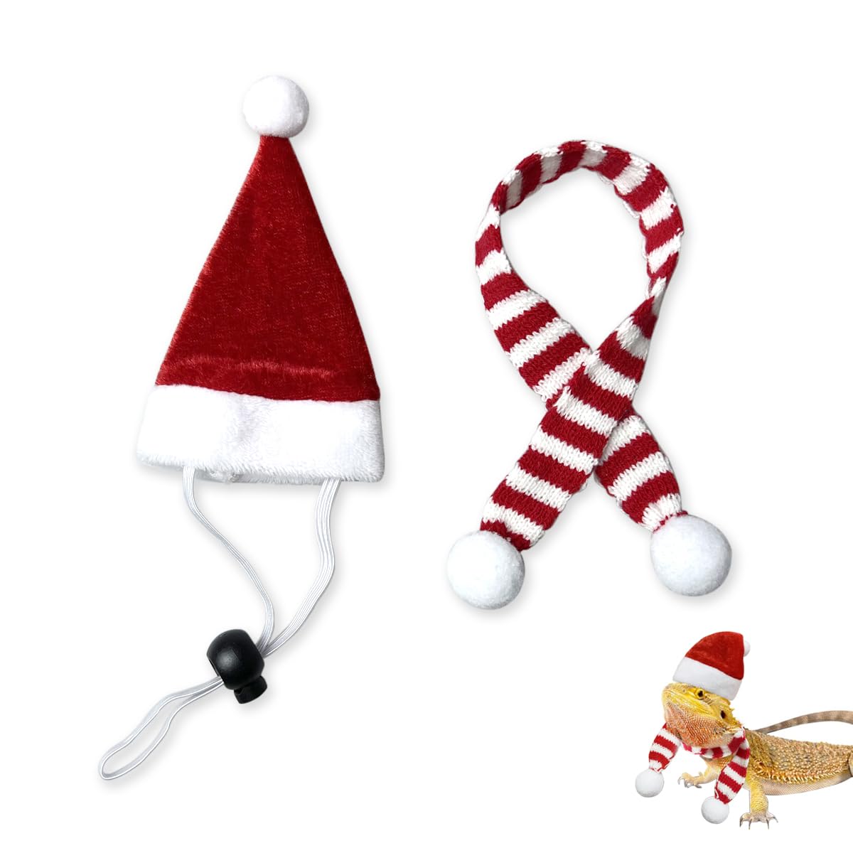 Bearded Dragon Santa Hat and Scarf Set Adjustable Christmas Costume for Small Animals Gecko Chameleon Juvenile Iguana Lizard Reptile (Red)