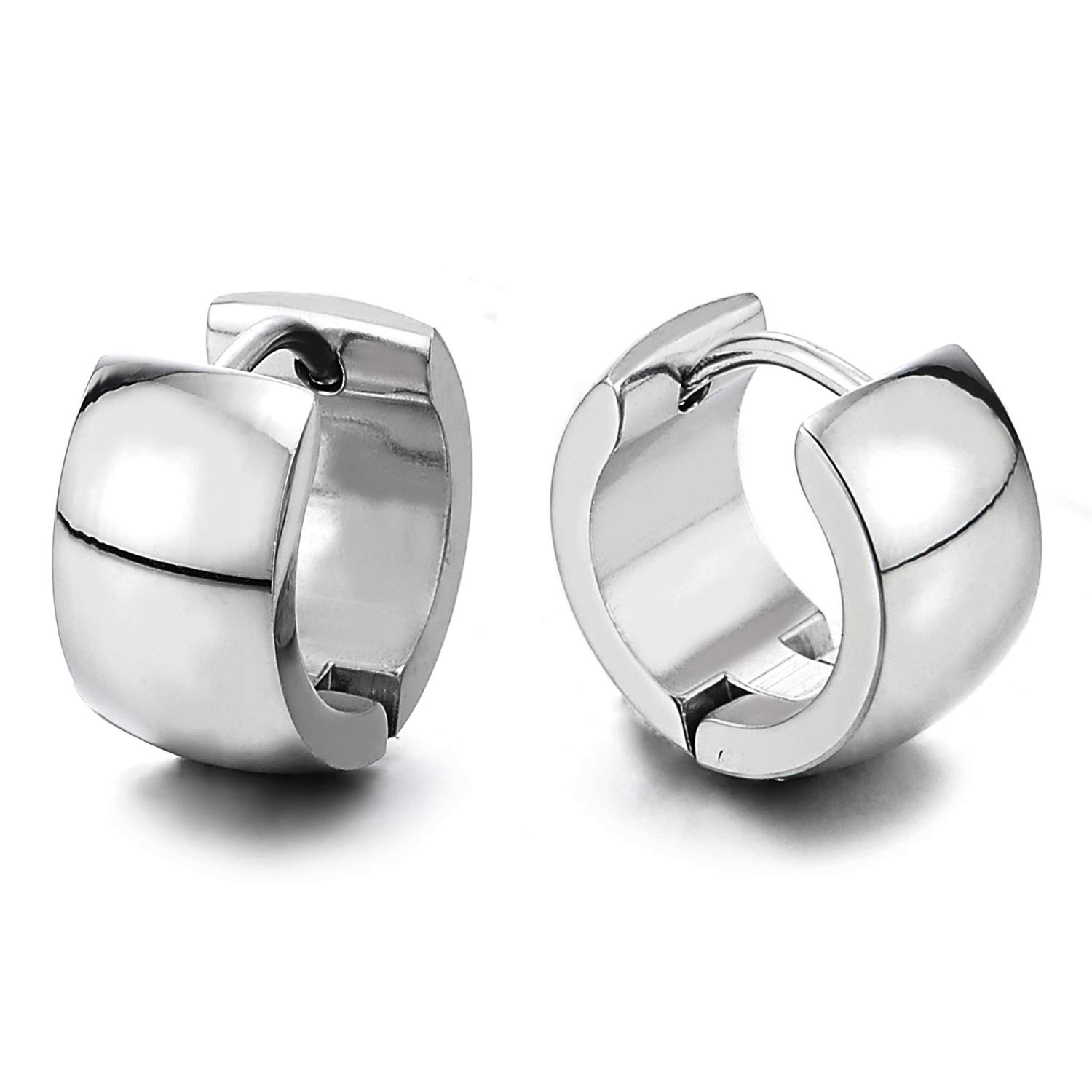 Pair Unisex Mens Womens Stainless Steel Curved Surface Huggie Hinged Hoop Earrings Classic, Polished
