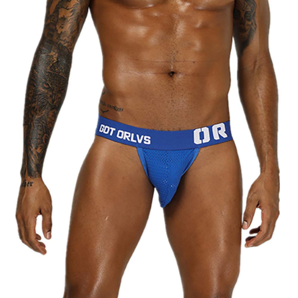 Comhere Men\'s Jockstraps Underwear Athletic Supporters Elastic Mesh Bikini Briefs Thong (Blue, XXL)