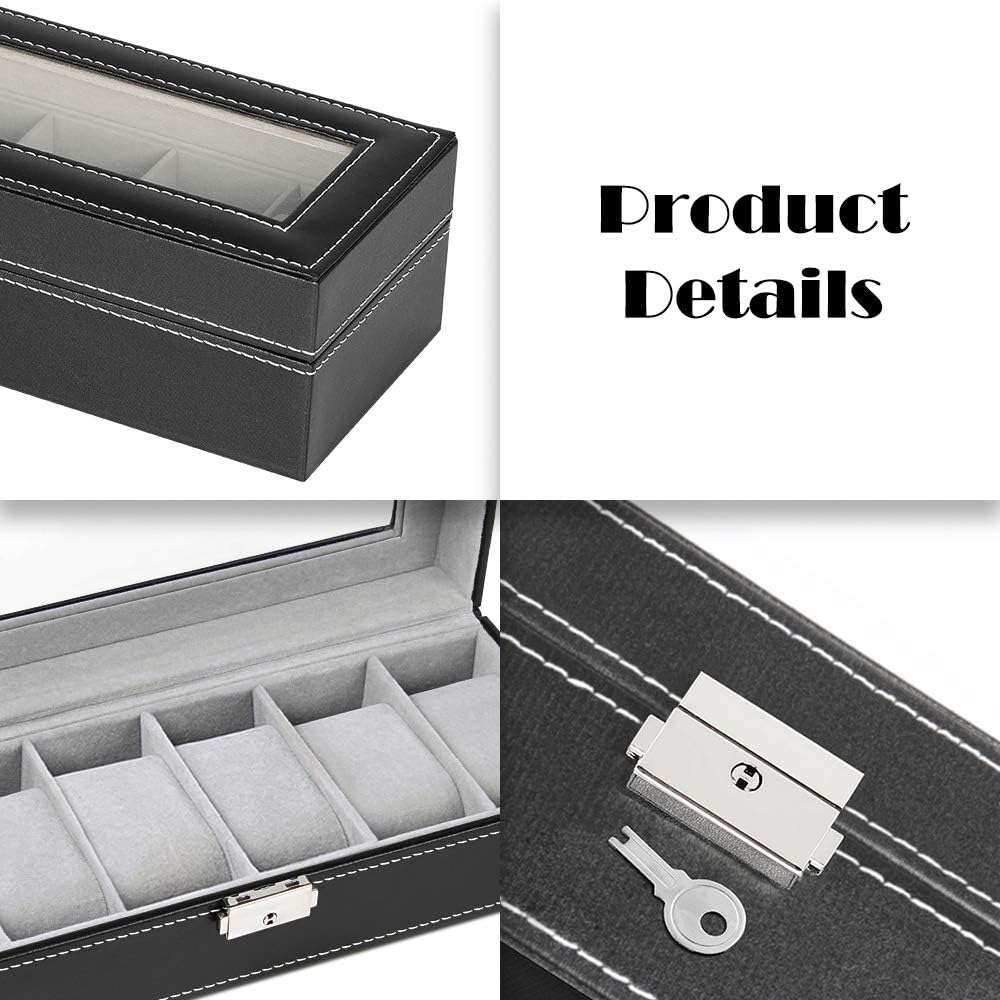 NEX 6 Slot Leather Watch Box Display Case Organizer Glass Jewelry Storage Black: Home & Kitchen