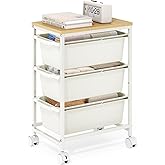 KINGBOARD Slim Rolling Cart with 3 Drawers, Metal Utility Storage Cart | Wooden Tabletop, Lockable Wheels, Under Desk Trolley for Bedroom, Children's Room and Office Organization, White