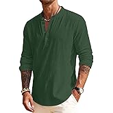QOSOQ Men's Linen Shirts Henley T-Shirts Long Sleeve Casual Beach T-Shirts Solid Tops Shirts for Men