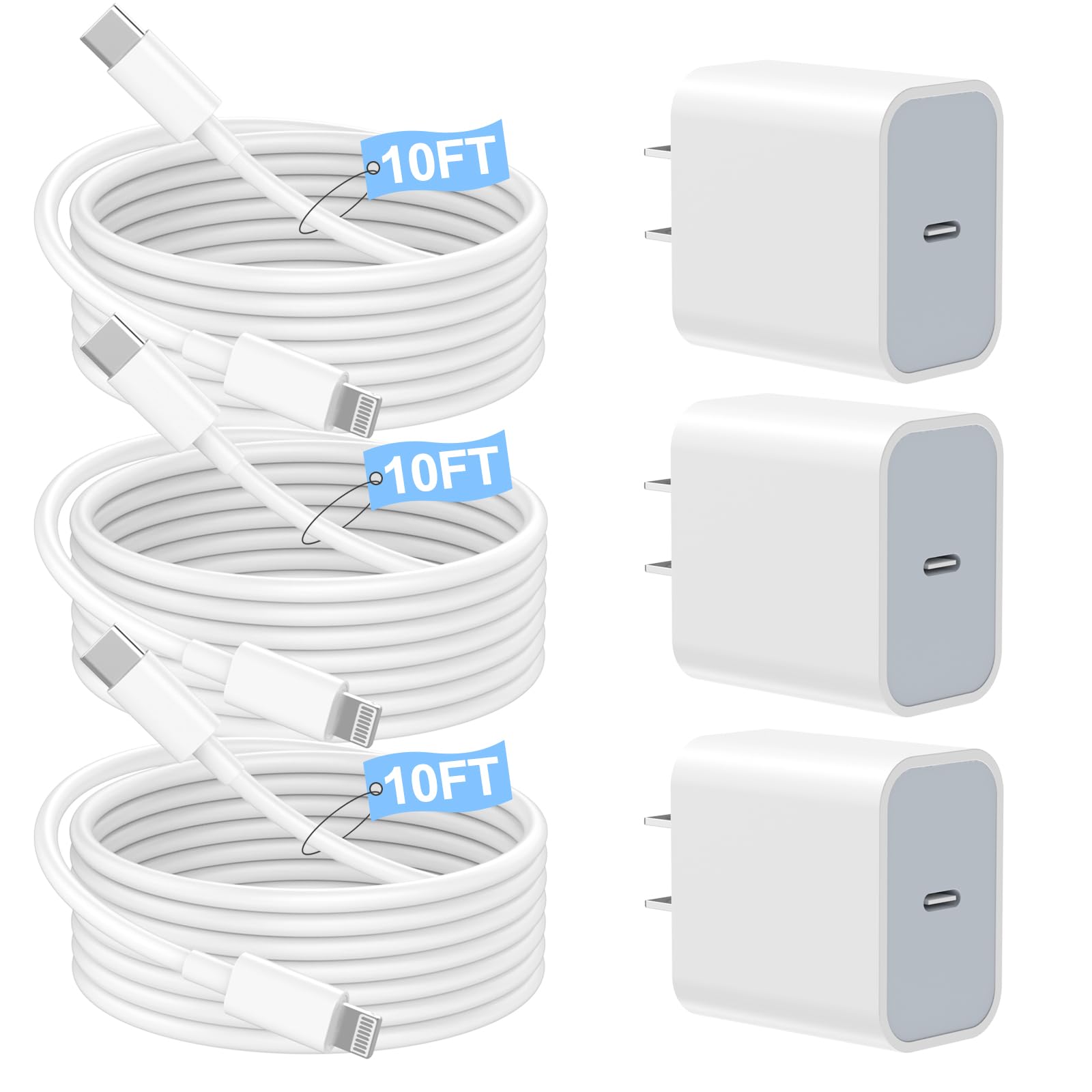 Fast Charger iPhone,iPhone Charger Fast Charging[Apple MFi Certified]3Pack Apple Charger USB C Wall Charging Block 10FT Long USB C to Lightning Cable Cord for iPhone14 Pro Max/13/12 Mini/11/XR/XS/X/SE