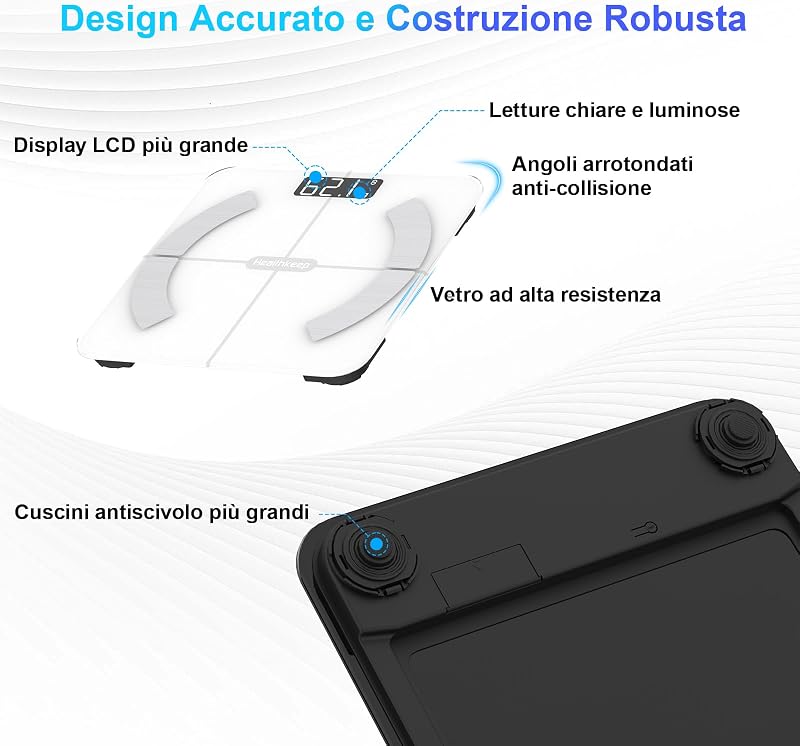 Bilancia Impedenziometrica Professionale, Bilancia Pesapersone Digitale 4 Elettrodi con App, Analizza Massa Grassa, Muscoli, BMI, 13 Misurazioni, Max 180 kg