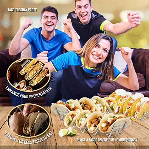 Stainless Steel Taco Holder Set: Holds Tortilla Up for Easy & No Mess Party Taco Plates - Taco Stand Shell Holder to Serve Street Tacos Rack & Heat Tortillas - Metal Taco Shell Mold & Serving Trays - Thumbnail 3