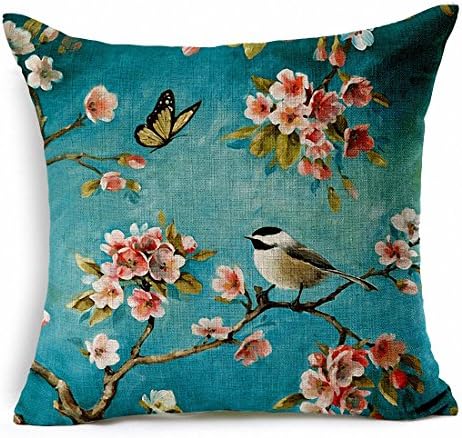 E-sunshine® Cotton Blend Linen Square Throw Pillow Cover Decorative Cushion Case Pillow Case 18 X 18 Inches / 45 X 45cm, Oil Painting Style Cherry and Bird (001)