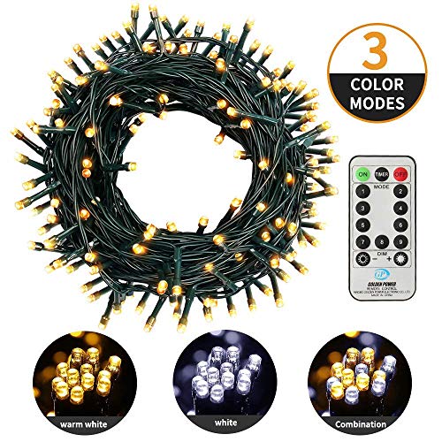 MZD8391 82FT 200 LED Christmas Lights Outdoor (END to END Expandable) Waterproof Dimmable String Lights with Remote and Timer - Upgraded 3 Color Modes, 9 Modes - Warm White, White, Combination