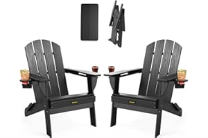 CARAUCI Folding Adirondack Chair Set of 2, Wooden Textured Plastic Adirondack Chairs with 2 Cup Holder, Weather Resistant HDPE Fire Pit Chair, Outdoor Patio Chairs for Garden, Backyard, Lawn, Deck, Black