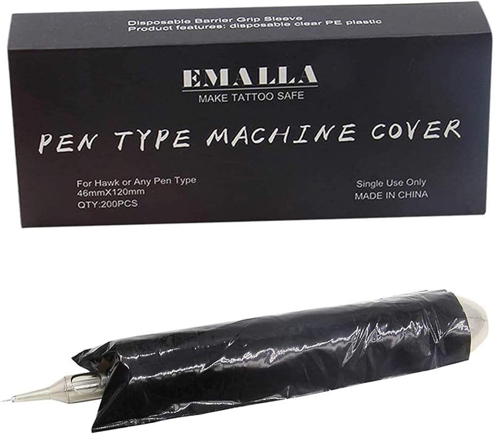 Emalla Tattoo Pen Covers 200pcs Black Disposable Machine Grip Sleeves 1.8x4.7"