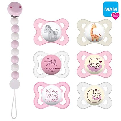 MAM Day & Night'Skin Soft' Silikon Schnuller 0-6 Mädchen // 6er Set // inkl. 3 Sterilisiertrasportboxen // Holz-Schnullerkett