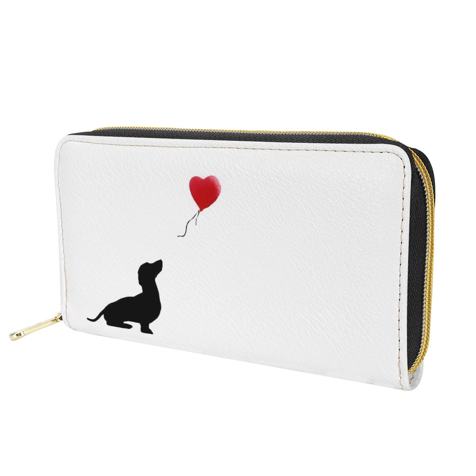 Dolyues Cute Dachshund with Red Balloon Print Credit Card Holders for Women Long Pu Leather Zipper Xmas Gifts Cash Clutch Bags Phone Case Wallet