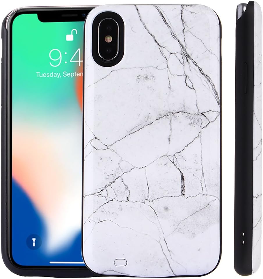 TechVibe iPhone XS Case (2018) / iPhone X Case (2017) Battery Case, Marble Series - 6000mAh Ultra Slim Extended Battery Backup Charging Case Charger Pack Power Bank - White