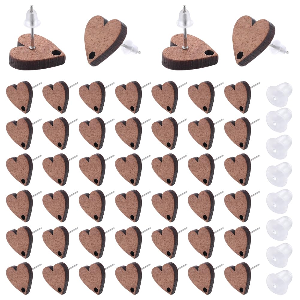 SOFPLATE 1 Box 50Pcs Wooden Earring Studs Wood Earring Posts with Loop Heart Shaped Stud Earring Findings with Ear Nut Brown Flat Pad Blank Earring Studs for Jewellery Making Supplies Earring DIY