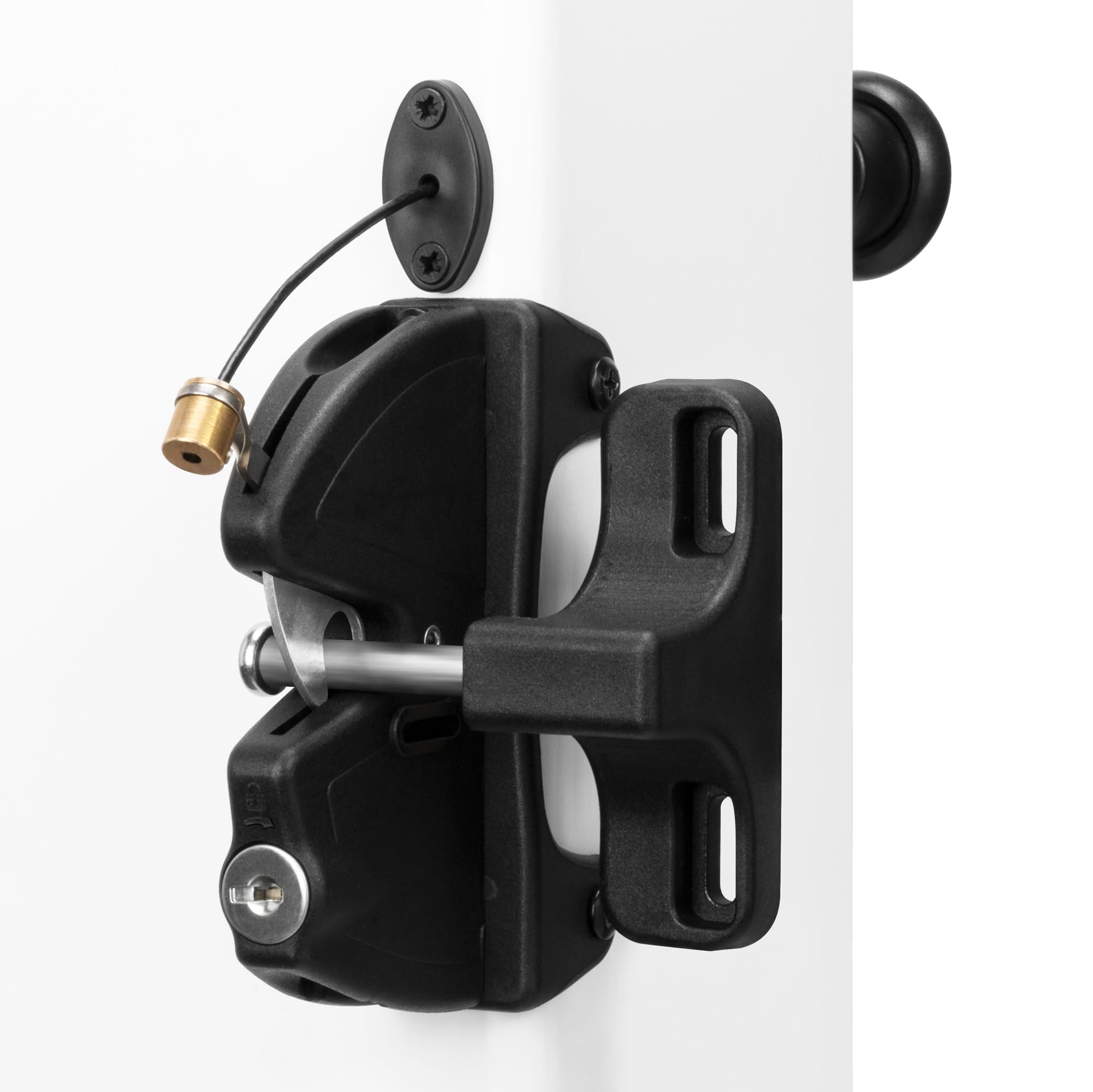 Photo 1 of Key Lockable 2 Way Gate Latch with Spring Loaded Pull Cable and Key,2 Sided Gate Fence Lock for Outdoor Gates,Locking Gate Door Lock Fence Latch Gate Hardware for Metal,Wood,Vinyl Fence,Black Finish