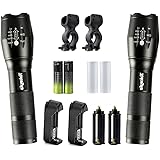 Tokeyla 2 Pack of Portable LED Flashlights 2000 Lumen Rechargeable Waterproof Handheld Torch Flashlight with 18650 Rechargeable Battery Charger Bike Mount for Bicycling Fishing Camping