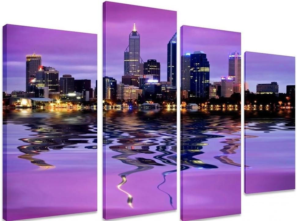 Canvas Art Picture - Purple Sky On Finance District With Reflection + 4 Panel Standard - Multi Split Panel - Total Size 101cm x 71cm (40"x28") - Stapled onto Timber frames, ready to hang - Exclusive Art by Fluffy Cloud Design