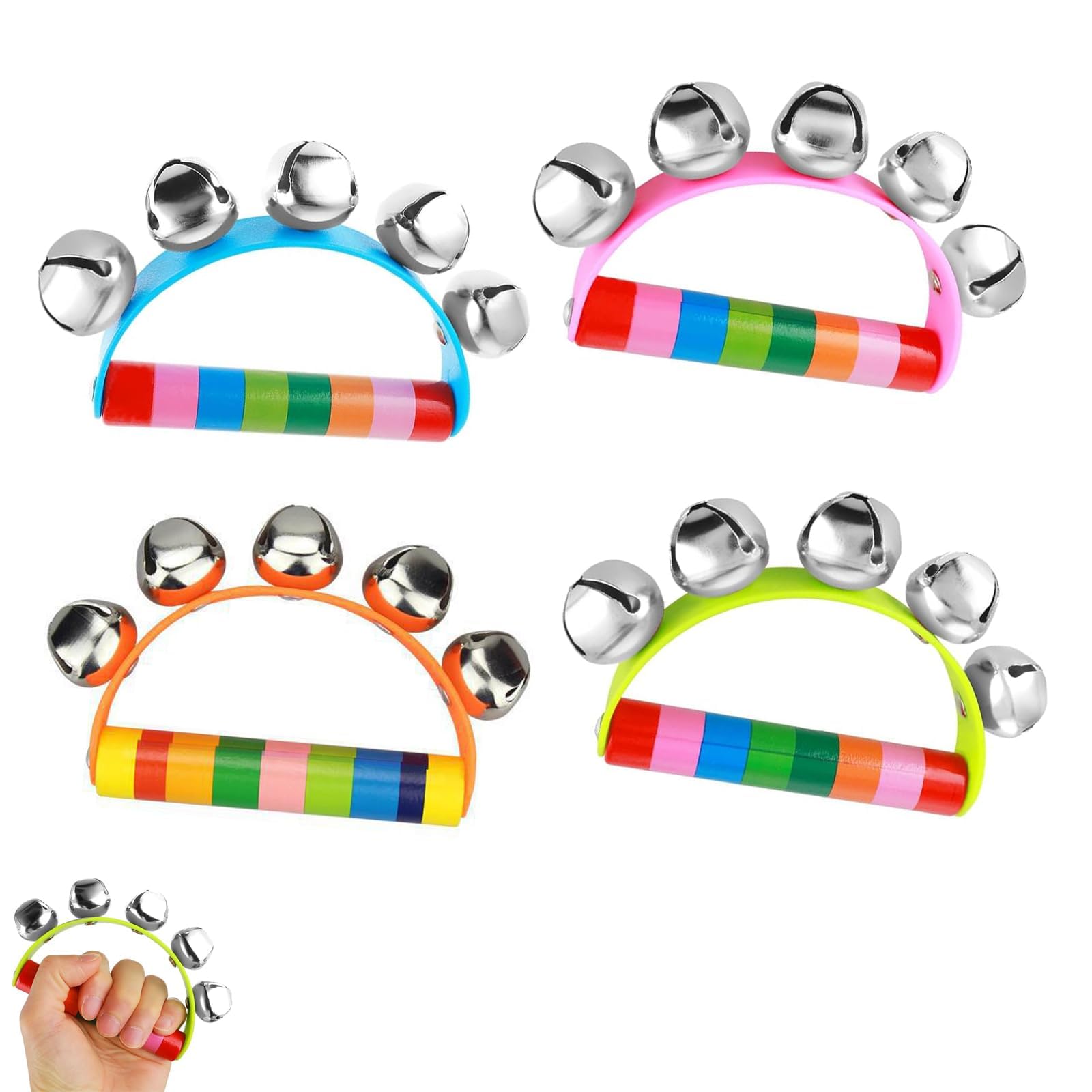 4 Pcs Half Moon Tambourine Handbell for Adults, 5 Bells Tambourine for Kids, Handheld Musical Instrument Shaking Small Jingle Bell Toy