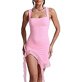 BORIFLORS Women's Sexy Bodycon Mini Dresses Square Neck Ruffle Hem Side Slit Club Party Short Dress