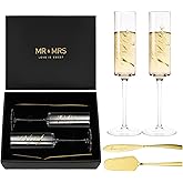 AW BRIDAL Engagement Gifts for Couples Mr and Mrs Champagne Flutes, Bride and Groom Champagne Glasses with Gold Wedding Cake Knife for Bridal Shower, Mr and Mrs Gifts for Couple Anniversary Wedding