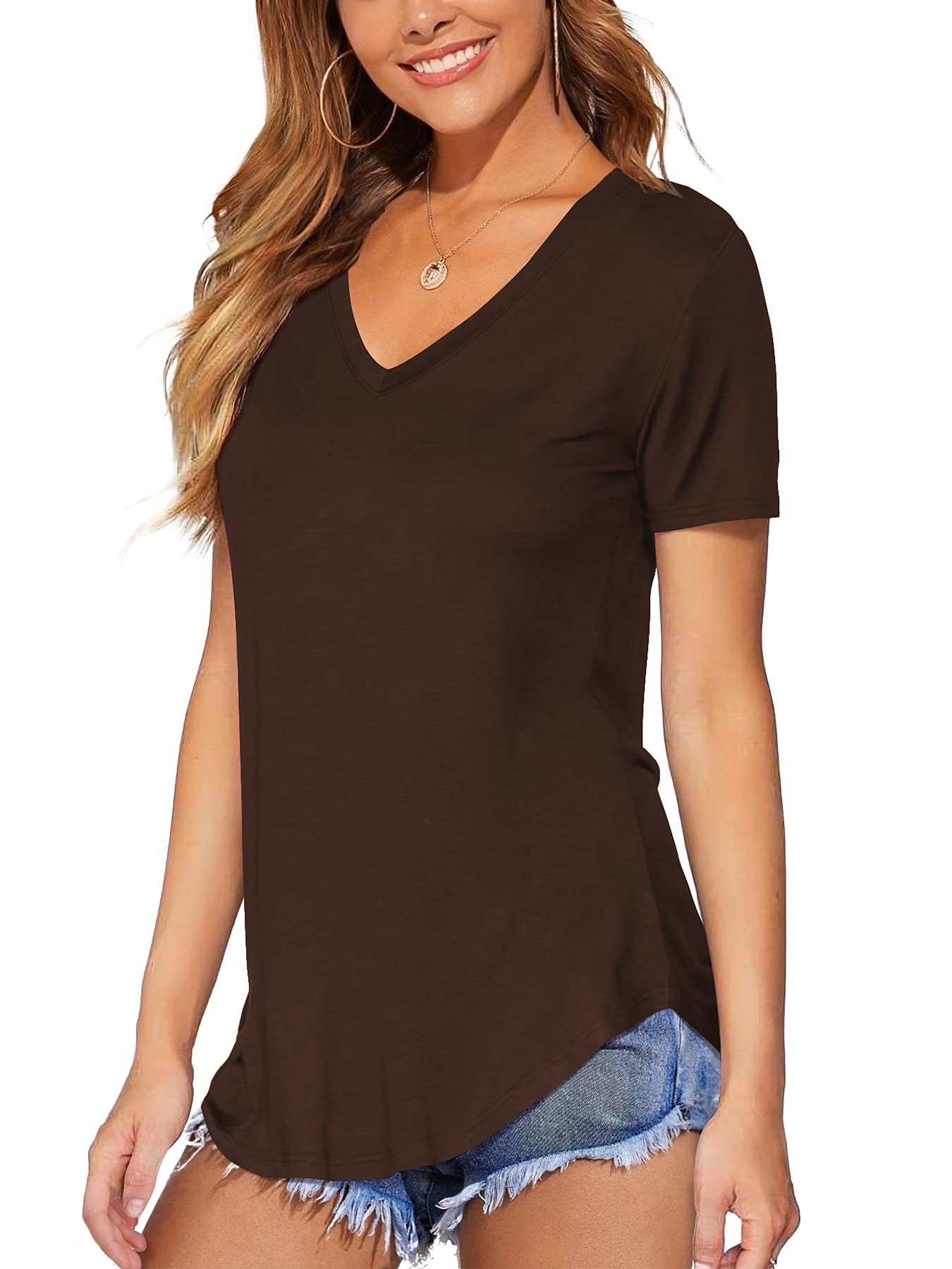 Photo 1 of DittyandVibe Women Short Sleeve V Neck Curved Hem Tunic Tops T Shirts (Brown,2XL)