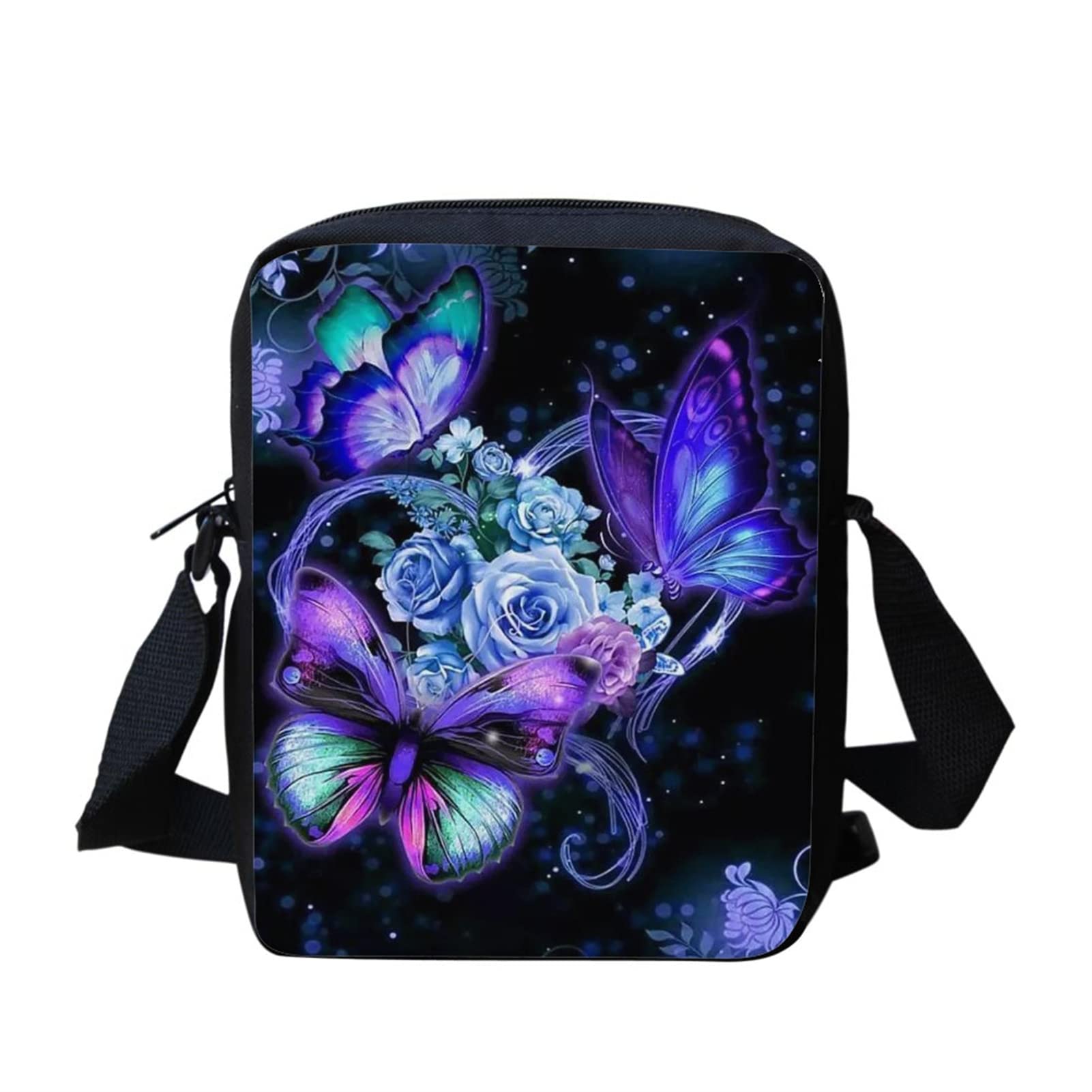 SCRAWLGOD Women's Butterfly Floral Messenger Bag, 6.69''L x 9.05''H x 2.36''W, Polyester, PVC, Adjustable Shoulder Strap, Zippered Pocket, Multifunctional Crossbody Sling Bag for Women, Girls, Kids