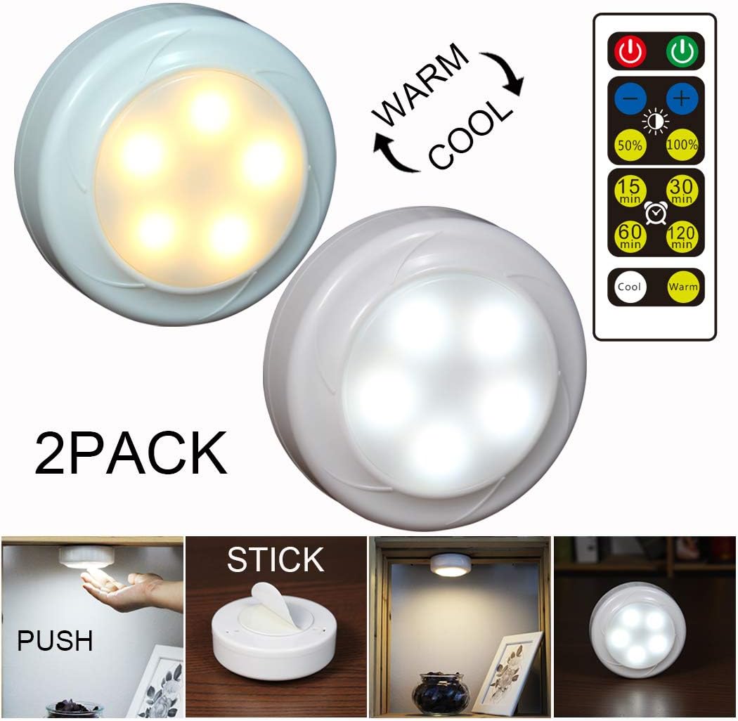 WRalwaysLX LED Wireless Push Lights, Battery Powered Touch Night Light, USE 3x1.5V AA Batteries (not Include) for Kitchen Under Cabinet Lighting,Closets, Cabinets, Counters, 2 Packs, Warm/Cool White