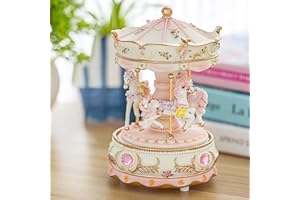 HKZTUY Clockwork Carousel Music Box - 3 Rotating Horses, Color-Changing LED, Timeless Melody | Luxury Home Decor for Enthusiasts, Ideal for Christmas, Birthdays, Valentine's (Pink)