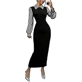 GORGLITTER Women's Houndstooth Long Sleeve Maxi Dress Elegant Classy Fall Casual Slimming Holiday Patchwork Long Dress