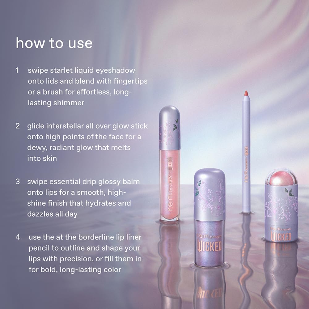 r.e.m. beauty Wicked: For Good | Makeup Set | Waterpoof Eye Shadow, All Over Glow Stick, Creamy Lip Liner, Glossy Lip Balm | 4 Full Size Products