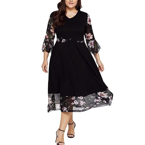 VEMOW Plus Size Elegante Damen Frauen Casual Kurzarm Kalt Schulter Boho Blumendruck Casual Täglichen Party Strand Langes Klei