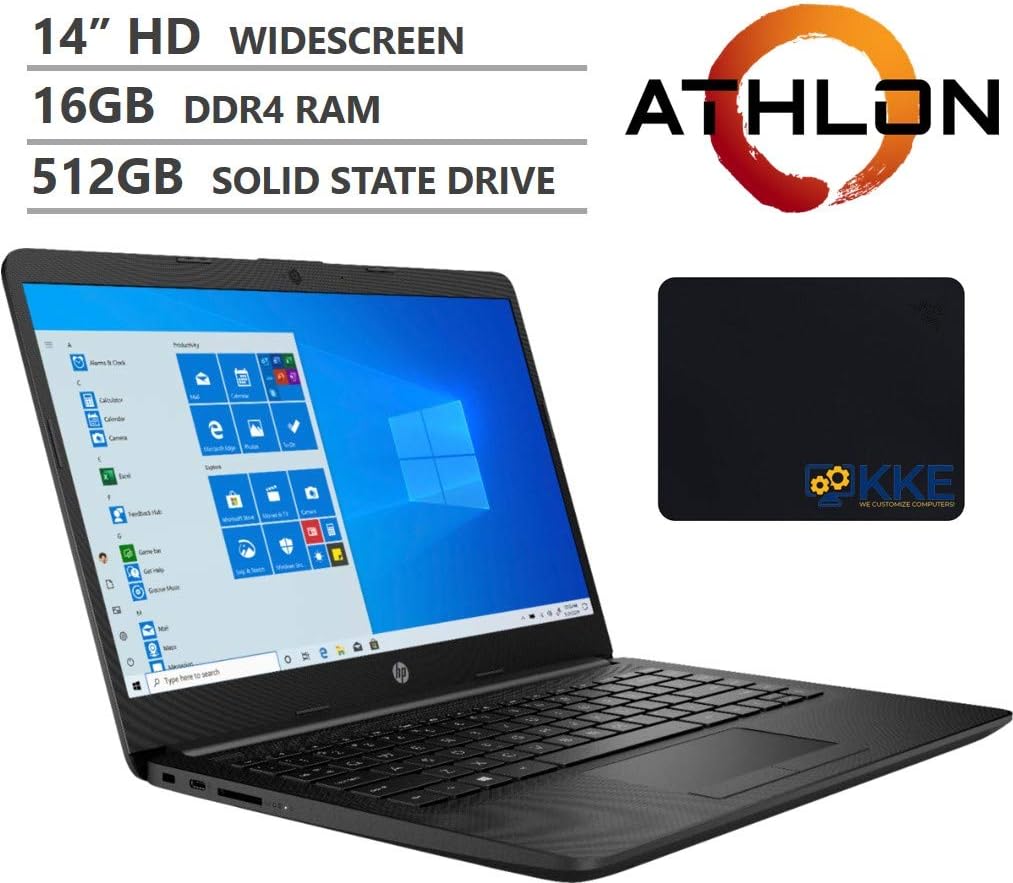 HP 14" HD Anti-Glare Micro-Edge Screen Laptop, AMD Athlon Silver 3050U Dual-Core Processor up to 3.20GHz, 16GB DDR4 Memory, 512GB PCIe NVMe SSD, Wi-Fi, Bluetooth, Windows 10, Jet Black, KKE Mousepad