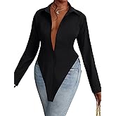 OPOIPIN Women's Collar V Neck Button Bown Long Sleeve Slit Hem Blouse Shirt Top