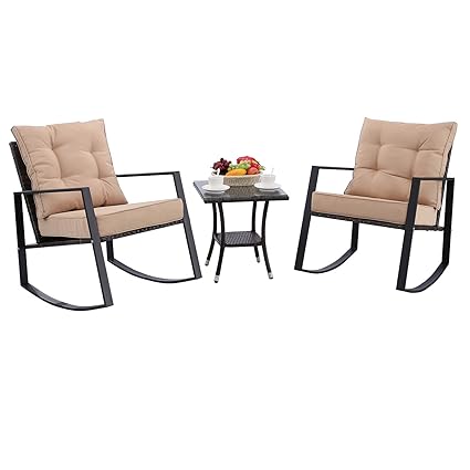 Htth 3 Pieces Outdoor Rocking Chair Bistro Set Steel Furniture With Glass Coffee Table Thickened Cushion Wicker Rattan Set Lawn Garden Backyard