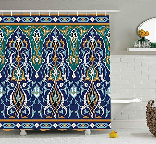 JAMES STRAIN Moroccan Shower Curtain, Ethnic Oriental Style Figures and Petals Hippie Vintage Tribal Mosaic Design, Fabric Bathroom Decor Set with Hooks, 84 Inches Extra Long, Blue Mustard
