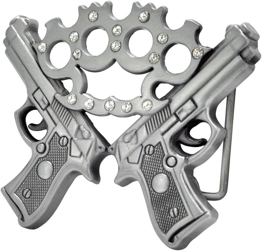 Buckle Men's Double Gun & Jeweled Brass Knuckles Belt Guns Weapons