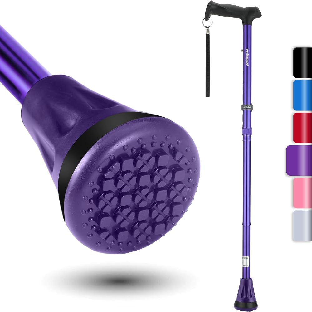Rehand All Terrain Folding Walking Stick Purple Adjustable Pivot Tip Heavy Duty