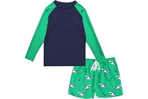 SunFocus Boys Long Sleeve Rash Guard Swimsuit Kids 2-Pieces Bathing Suits Set