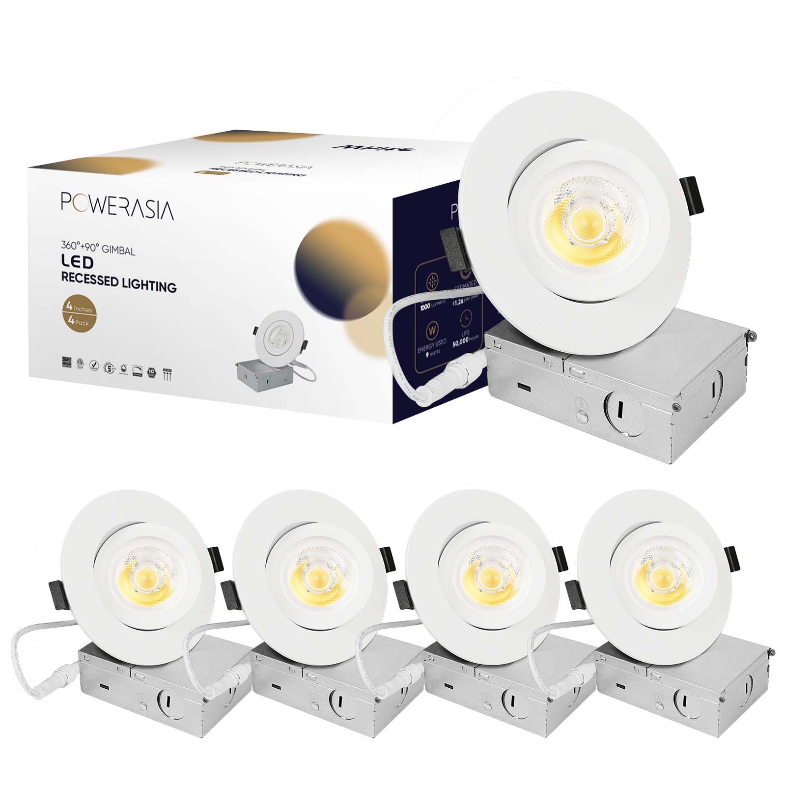Photo 1 of 4 Pack 4 Inch Gimbal LED Recessed Lighting with Junction Box, 5CCT 2700K-6000K Selectable, 360°+90° Adjustable Directional Eyeball Light, 9W 1000LM Slim Canless Downlight - ETL and Energy Star