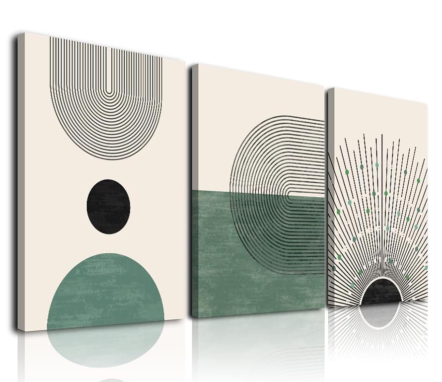Photo 1 of ***FACTORY SEALED***Sage Green Boho Wall Art, KBKBART Abstract Framed Canvas Wall Art for Living Room, Minimalist Beige Green Sun Geometry Black Line Artwork Paintings, Modern Sage Green Boho Room Decor, Green Wall Decor