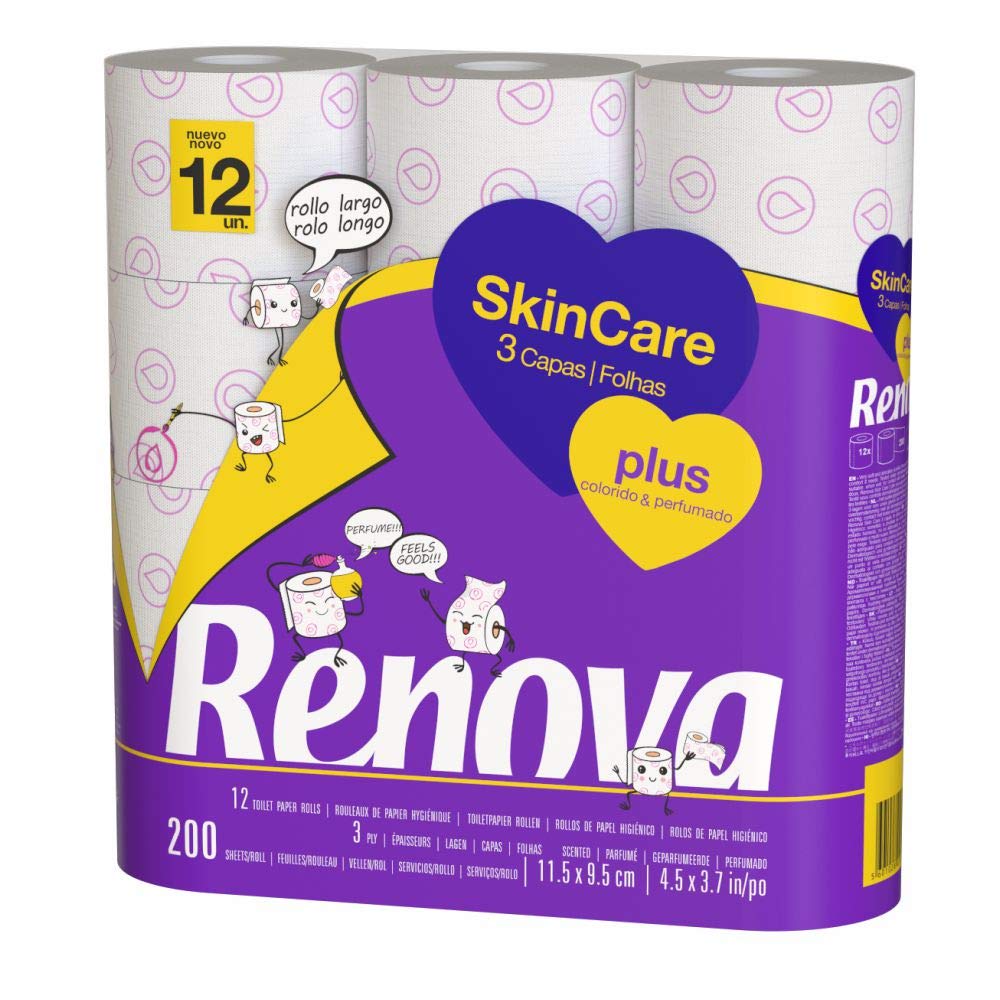 Renova Toilet Paper - Skin Care Plus, Decorated, fragranced – 12 Rolls (Toilet Paper).