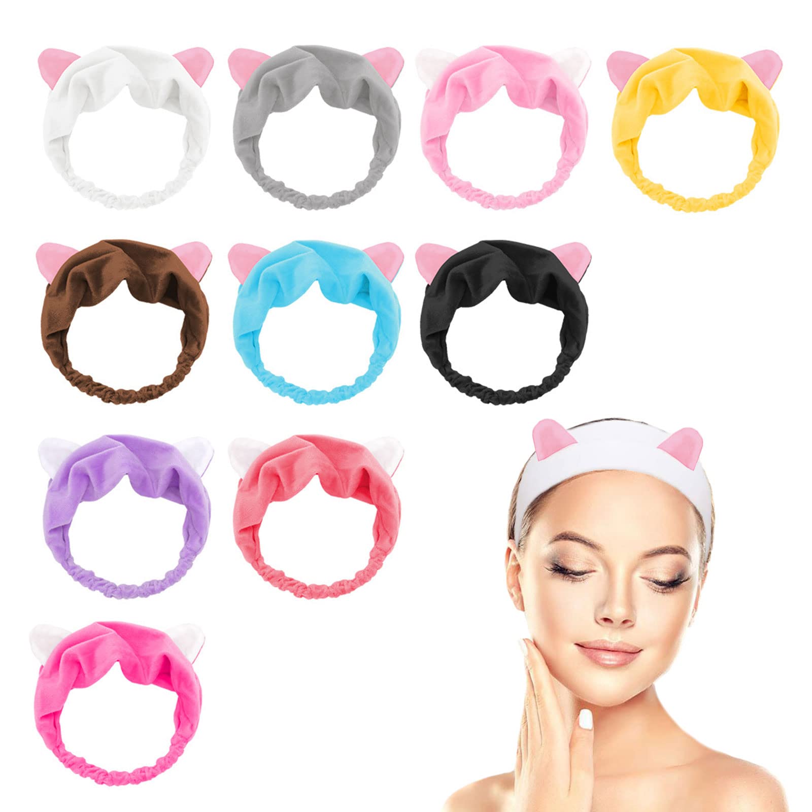 TSHAOUN 10 Pieces Cat Ears Headbands For Face Washing, Elastic Cute Wash Headband, Hairband Facial Women's Lovely Hair Band For Spa Shower, Make Up Wrap Head Band Fits All Head Sizes (Muticolor)