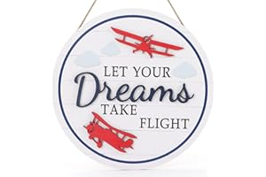 TOARTi 3D Airplane Wooden Wall Hanging (12''x12''), Let Your Dream Take Flight Inspirational Quote Door Sign, Rustic Aircraft Wall Hanging for Toddler Kids Room Nursery Playroom Classroom Decor