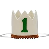 GORNZX First Birthday Crown Hat, White Felt with Green Number 1, Brown Pom Pom Trim, Sports Theme