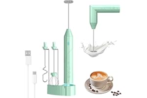 FLELANO Milk Frother Handheld, Electric drink mixer, USB-C Rechargeable Coffee Frother Wand with Charging Base&3 Heads,3 Speeds Adjustable, Electric Whisk Drink Mixer Handheld with Stand for Coffee,Egg Green