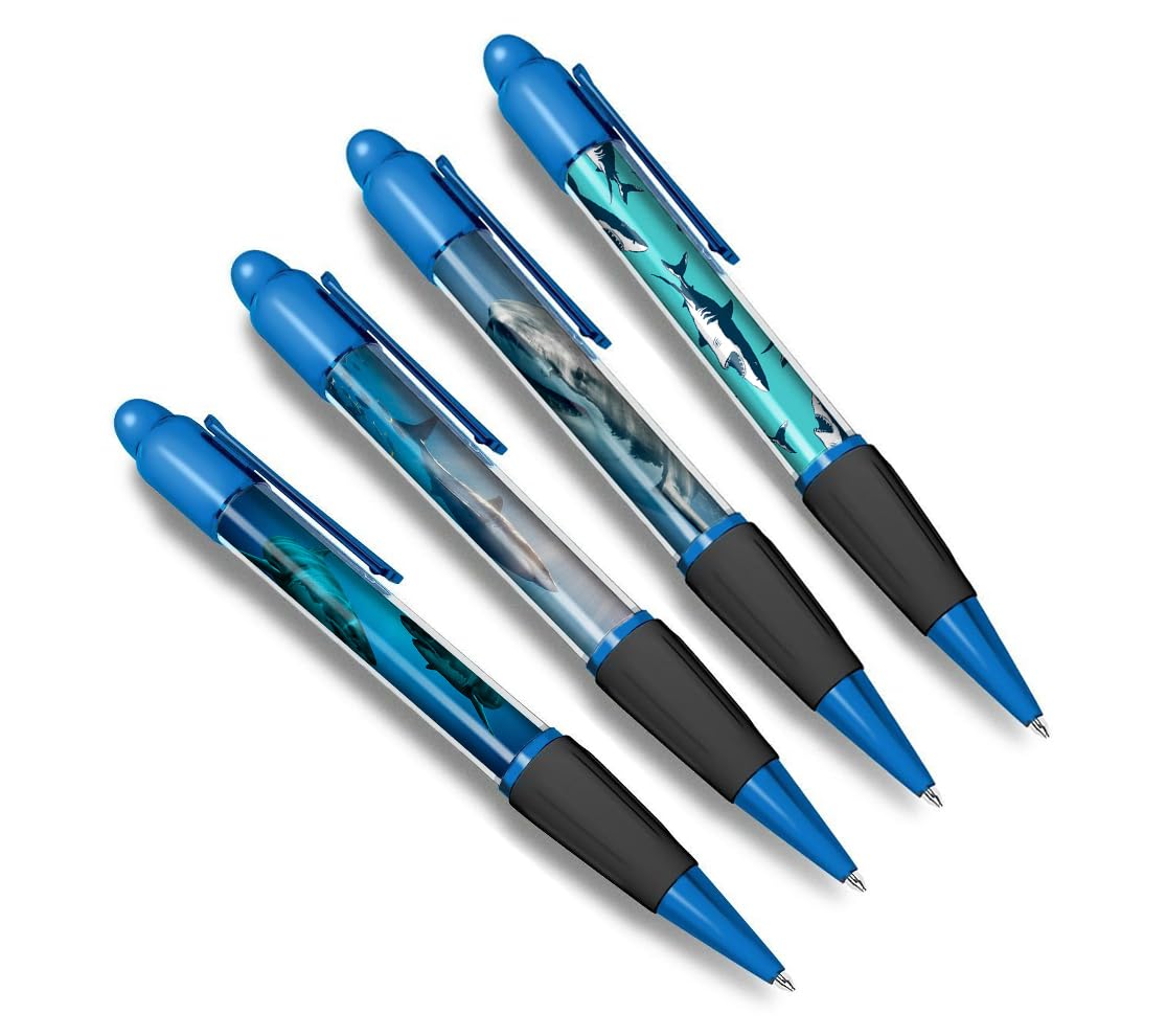 DV DESIGN Set of 4 Shark Blue Ballpoint Pens - Pattern Great White Sea Creature Scuba Themed Boys Girls Men Women Stationery Pen #79612