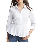 SUNNOW Women's Peplum Shirt Classic Fit 3/4 Sleeve Blouse with Point Collar & Button Front for Hourglass Silhouette