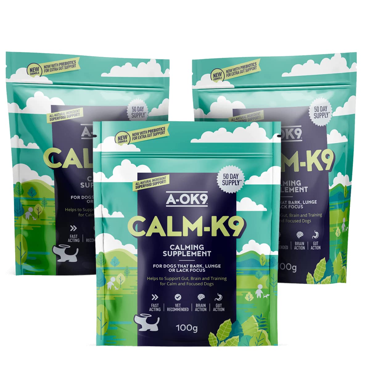 A-OK9 Calm-K9 | 3x100g Multipack | Calming Supplement for Dogs | Helps with Anxiety Relief, Fireworks, Stress & Barking | Natural Ingredients & Superfoods | Mix with Dog or Puppy Food | Absolute Dogs