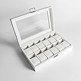 GUKA Watch Box 12 Slot Case Real Glass Organizer Watch Case with Removable Watch Pillow, White Synthetic Leather Watch Displa