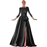 Ibpdea Long Sleeve Prom Dresses with Bow Sequin Ball Gown Satin Formal Evening Dress with Slit